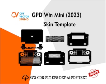May include: Black skin template for the GPD Win Mini (2023) gaming handheld, featuring cut-out designs for various components. Includes the text "GPD Win Mini (2023) Skin Template" and "SVG-CDR-PLT-EPS-DXF-Ai-PDF-TEXT".