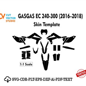 Op de afbeelding: Zwart-wit skin template voor een GASGAS EC 240-300 motorfietsmodel uit 2016-2018. De afbeelding bevat het Cut Vector Studio logo, de tekst "Skin Template" en "1:1 Scale". Beschikbaar in SVG-, CDR-, PLT-, EPS-, DXF-, AI- en PDF-formaten.