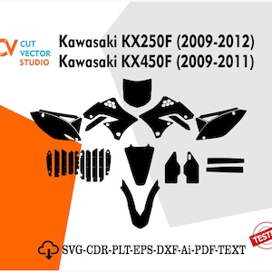 Peut inclure: Graphiques vectoriels noirs de pièces de moto Kawasaki KX250F (2009-2012) et KX450F (2009-2011). L'image comprend le logo Cut Vector Studio et le texte "SVG-CDR-PLT-EPS-DXF-Ai-PDF-TEXT". Un tampon rouge "TESTÉ" est dans le coin.