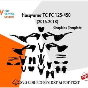Pode incluir: Um modelo gráfico para motocicletas Husqvarna TC FC 125-450 (2016-2018). A imagem apresenta formas recortadas em preto, presumivelmente para decalques ou gráficos, sobre um fundo cinza claro. O design inclui o texto "Graphics Template" e opções de tipo de arquivo.