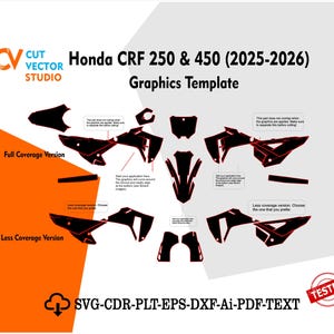 Puede incluir: Un diseño gráfico para motos Honda CRF 250 & 450 (2025-2026). El diseño incluye versiones de cobertura completa y reducida, con elementos gráficos negros. La imagen también presenta el logotipo de Cut Vector Studio e información del tipo de archivo.