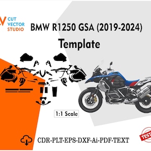 May include: A graphic featuring a BMW R1250 GSA motorcycle template. The image includes a detailed illustration of the motorcycle and a set of black cut vector templates. Text includes "BMW R1250 GSA (2019-2024) Template".
