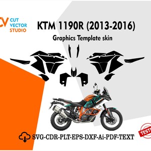 May include: A graphic design for a KTM 1190R motorcycle, model years 2013-2016. The image includes a motorcycle and black template skins. The text includes "KTM 1190R (2013-2016) Graphics Template skin" and "SVG-CDR-PLT-EPS-DXF-Ai-PDF-TEXT".