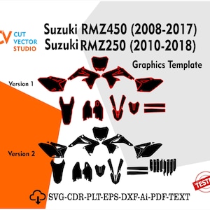 May include: A graphic template for Suzuki RMZ450 (2008-2017) and RMZ250 (2010-2018) motorcycles. The design includes black and red vector graphics of motorcycle parts, labeled as Version 1 and Version 2. The image also includes the text "CUT VECTOR STUDIO".
