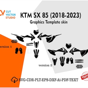 Puede incluir: Un diseño de plantilla gráfica en blanco y negro para una moto KTM SX 85 (2018-2023). La imagen muestra dos versiones del diseño. El texto incluye "Cut Vector Studio" y opciones de tipo de archivo.