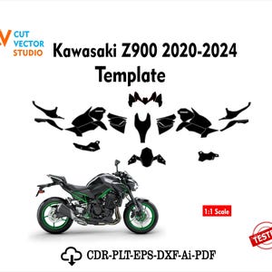 以下が含まれることがあります： カワサキZ900 2020-2024モーターサイクル用デジタルベクターテンプレート。バイクの側面図の上に黒いデカール形状が配置されています。グラフィックには「CV CUT VECTOR STUDIO」、「1:1 Scale」、「TESTED」、およびファイル形式のテキストが含まれています。