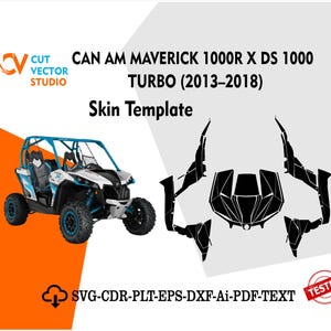 Può includere: Un veicolo side-by-side Can-Am Maverick 1000R X DS 1000 Turbo (2013-2018) bianco e blu con un modello di skin. L'immagine include il testo "Skin Template" e "SVG-CDR-PLT-EPS-DXF-Ai-PDF-TEXT".