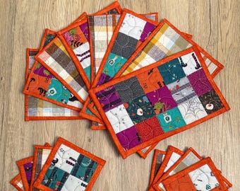 Handmade Halloween Mug Rug & Coaster Set | Quilted Fabric Coaster | Fall Coffee Bar Décor | Spooky Autumn Gift