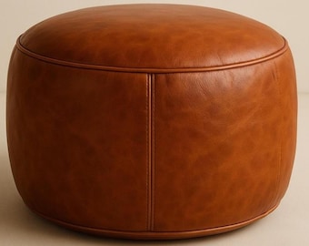Fodera per pouf ottomano in pelle marocchina realizzata a mano, poggiapiedi rotondo in stile boho marrone (non imbottito).