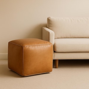 Handmade Moroccan Leather Pouf – Square Warm Chestnut Brown Ottoman Floor Cushion