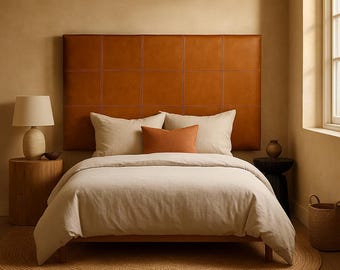 Handcrafted Cognac Brown Leather Bed Headboard – Modern Minimalist Wall-Mounted Backboard