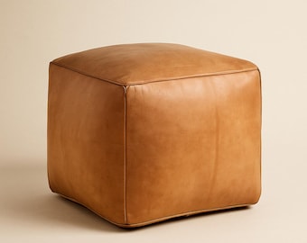 Handmade Moroccan Leather Pouf – Square Warm Chestnut Brown Ottoman Floor Cushion
