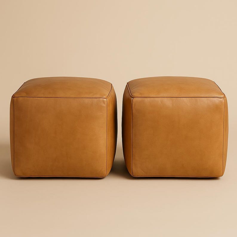 Handmade Moroccan Leather Pouf – Square Warm Chestnut Brown Ottoman Floor Cushion