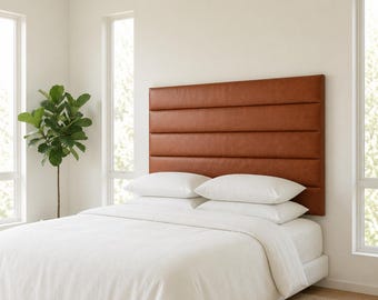 Handcrafted Leather King Headboard, Cognac Brown Upholstered Panel, Modern Minimalist Channel Tufted