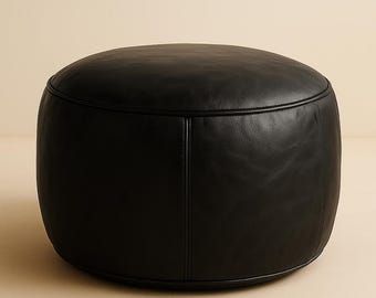 Black Leather Moroccan Pouf Cover – Handmade Round Ottoman Seat & Boho Floor Decor