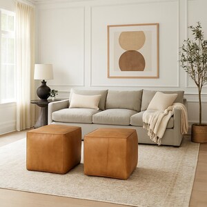 Handmade Moroccan Leather Pouf – Square Warm Chestnut Brown Ottoman Floor Cushion