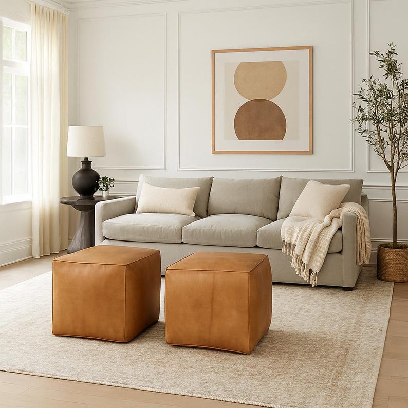Handmade Moroccan Leather Pouf – Square Warm Chestnut Brown Ottoman Floor Cushion