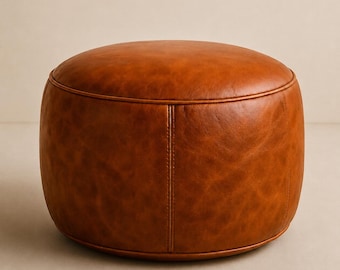 Handmade Moroccan Leather Pouf  – Brown Round Ottoman Cover, Unstuffed Genuine Leather Pouffe, Boho Footstool, Floor Cushion, Living Room