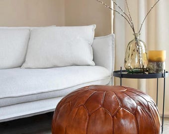 Moroccan Leather Pouf  – Caramel Round Traditional And Handstitched.