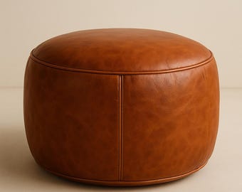 Handgefertigter runder osmanischer Sitzpouf - Bodenkissen aus beigem Leder, Boho-Home-Akzent