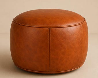 Handmade Moroccan Leather Ottoman Pouf Cover, Brown Round Boho Footstool (Unfilled).