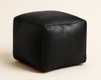 Handmade Moroccan Leather Pouf – Square Black Ottoman Floor Cushion