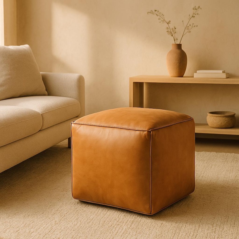 Handmade Moroccan Leather Pouf – Square Warm Chestnut Brown Ottoman Floor Cushion