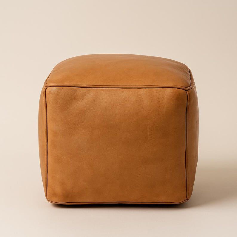 Handmade Moroccan Leather Pouf – Square Camel Brown Ottoman Floor Cushion