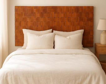 Tan Leather Wall-Mounted Headboard – Handmade Minimalist Bed Backboard