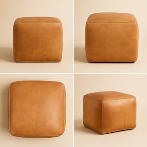 Handmade Moroccan Leather Pouf – Square Camel Brown Ottoman Floor Cushion
