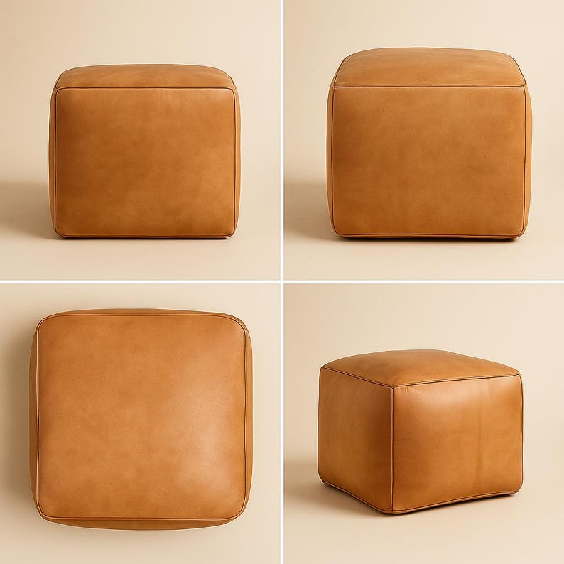 Handmade Moroccan Leather Pouf – Square Camel Brown Ottoman Floor Cushion