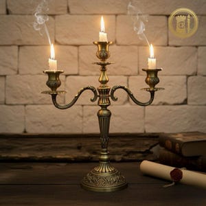 Könnte beinhalten: Ein bronzefarbener Kerzenständer mit drei brennenden Kerzen und zwei rauchenden Dochten. Der Kerzenständer hat ein verziertes Design mit geschwungenen Armen und detaillierten Kerzenhaltern. Der Hintergrund zeigt eine Ziegelmauer und eine Holzoberfläche.