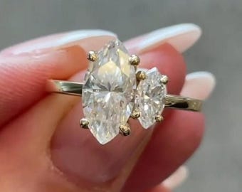 Two Marquise Moissanite Ring, Toi et Moi Ring, Double Stone Engagement Ring, Two Stone Wedding Ring, Fine Promise Ring, Bridesmaid Jewellery