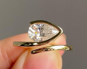 East West Diamond Swirl Ring, Pear Moissanite Wedding Ring, Bypass Shank Modern Ring, Half Bezel Set Ring, 14k Yellow Gold Engagement Ring