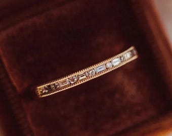 Baguette & Round Cut Moissanite Band, Channel Set Engagement Band, Milgrain Wedding Band, Daily Wear Matching Ring, Minimalist Bridal Band