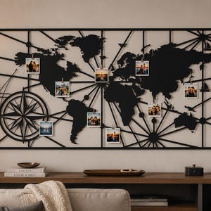 World Map Metal Decor, Travel Photo Display Decor, Modern Home Gift, Compass Rose Memory Board, Large Geometric Sign, Unique Explorer Gift