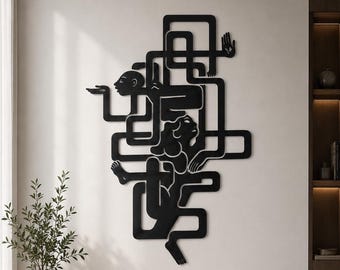 Abstract Human Figure Metal Wall Art, Surreal Intertwining Line Silhouette, Modern Vertical Living Room Sculpture, Contemporary Decor