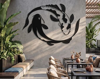 Cuadro de metal con diseño de pez koi Yin Yang, decoración Feng Shui Zen, silueta de animal japonés, símbolo de armonía sin marco, regalo minimalista único inspirado en la naturaleza.
