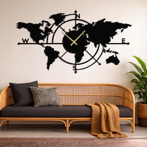 World Map Metal Wall Clock, Large Wall Clock, Metal Wall Art, Travel Map Wall Art, Modern Office Decor, Minimalist Home Gift, Map Wall Clock
