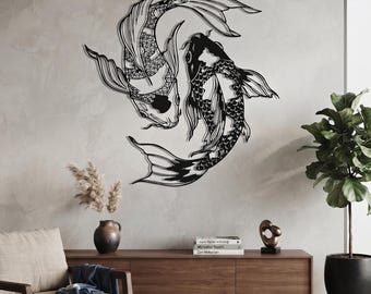 Gran cuadro de metal con forma de pez koi, decoración Feng Shui Yin Yang, letrero abstracto de animales Zen, decoración moderna sin marco para el hogar, regalo único para la sala de estar.