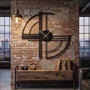 Può includere: Un grande orologio da parete geometrico nero caratterizzato da un centro circolare con lancette color oro e due archi semicircolari che si estendono da una barra verticale. L'orologio è montato su una parete di mattoni sopra una console in legno.