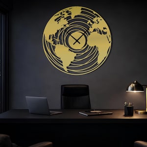 World Map Metal Wall Clock, Modern World Decor, Silent Geographic Timepiece, Large Office Map Art, Minimalist Traveler Gift, Home Hanging