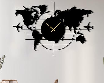 Reloj de pared metálico con mapa del mundo, decoración de avión, decoración de viaje, reloj de pared metálico moderno, decoración de pared grande para oficina, regalo de aviación, reloj de pared metálico