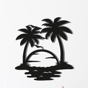 Tropical Palm Tree Metal Wall Art, Outdoor Wall Decor, Palm Leaf Art, Beach House Decor, Sunrise and Palm Tree Metal Decor Coastal House