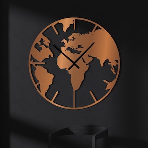 Metalen wandklok wereldkaart, grote moderne wandklok, decor metalen wereldkaart, cadeau reisliefhebber, wandklok kantoor, moderne kunst aan de muur