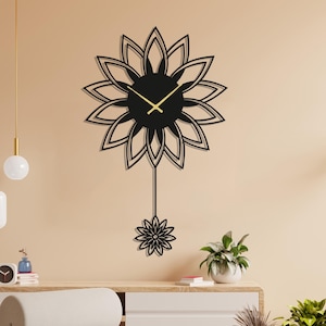 Flower Wall Clock, Large Metal Wall Clock, Modern Flower Clock Decor, Boho Wall Art, Minimalist Wall Clock, Black Wall Clock for Living Room