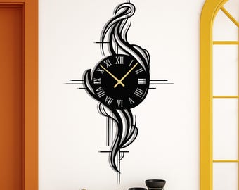 Moderne Metallwanduhr, Abstrakte Römische Ziffernuhr, Große Schwarze Metalluhrdekor, Minimalistische Wandskulptur, Wohnzimmerwandkunst