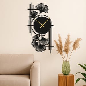 Ginkgo Leaf Metal Wall Clock, Modern Nature Inspired Steel Timepiece, Large Silent Wall Clock Decor for Living Room Home Office, Metal Decor
