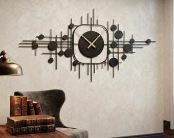 Moderne Metall Wanduhr, Abstraktes Geometrisches Uhr Dekor, Große Schwarze Metall Skulptur, Minimalistische Wandbehang, Wohnzimmer Wandkunst