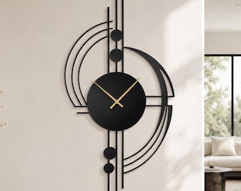 Reloj de pared moderno de metal, reloj minimalista negro decorativo, decoración de pared estrecha, arte abstracto silencioso, regalo único para inauguración de casa, reloj de mediados de siglo